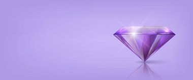 3d Gerçekçi Mor Şeffaf Üçgen Parlak Gemstone, Elmas, Kristal, Yapay Elmas Kapanışı Yansımalı Yeşil Arkaplan üzerine Vektör Yatay Sancak. Mücevher konsepti. Tasarım Şablonu.