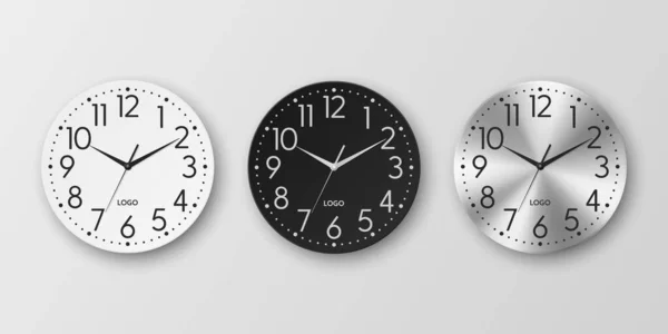 Vector Realista Blanco Negro Plata Redonda Pared Reloj Oficina Icono — Vector de stock