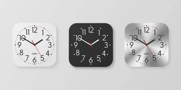 Vector Realistic White Black Silver Square Wall Office Clock Icon — Stockvektor