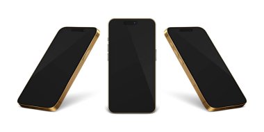 Vektör 3d Gerçekçi Altın Modern Akıllı Telefon Tasarım Şablonu Kapanış Şablonu Beyaz Arkaplanda izole edildi. Cep telefonu Mockup. Telefon Aygıtı UI UX, Telefon Önde, Yarım Dönüş Görünümü.