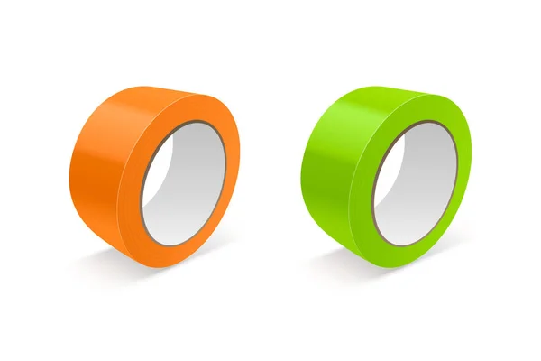 ベクトル3Dリアルな光沢のあるオレンジと緑のテープロールアイコンセット 白の背景に隔離されたモックアップクローズアップ パッケージのデザインテンプレート粘着テープロールまたはモックアップ用粘着テープ フロントビュー — ストックベクタ