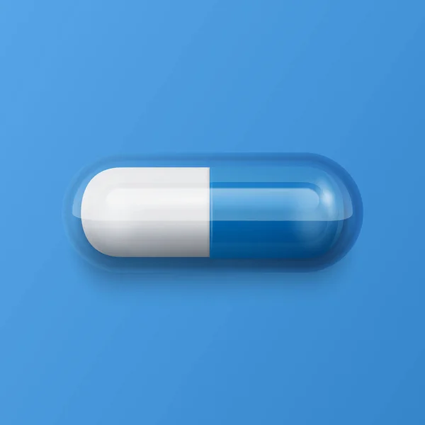 Vektör Gerçekçi Mavi Beyaz Tıbbi Laç Kapsül Mavi Arkaplan Tableti — Stok Vektör