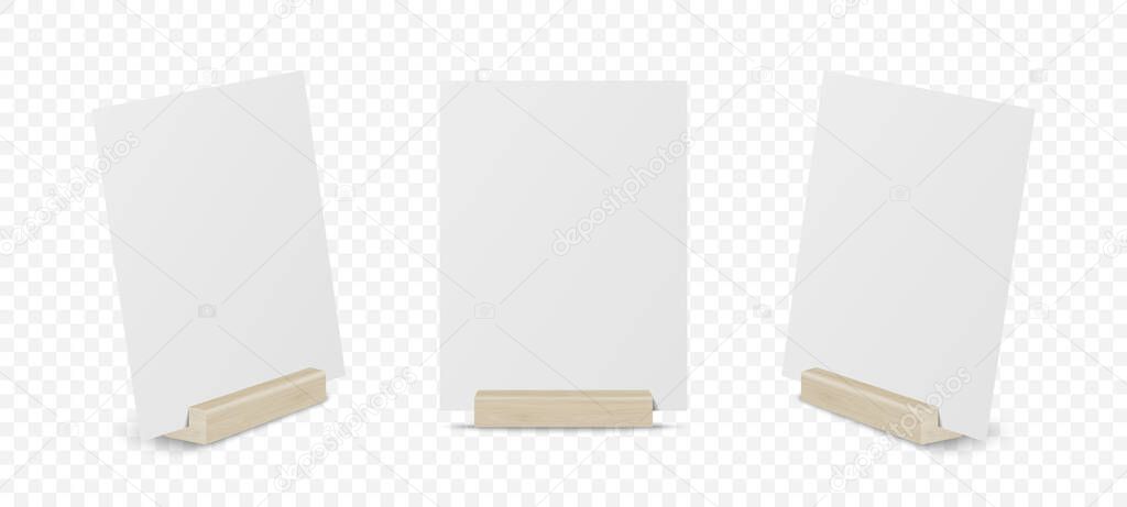 Vector 3d Realistic White Blank A4 Vertical Paper Sheet, Card on Wooden Holder, Stand Icon Set Closeup Isolated. Design Template for Mockup, Menu Frame, Booklets. Acrylic Tent Card. Front, Side View.