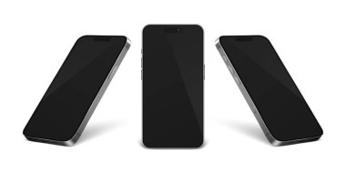 Vektör 3d Gerçekçi Gri Krom Modern Akıllı Telefon Tasarım Şablonu Beyaz Arkaplanda İzole Edildi. Cep telefonu Mockup. Telefon Aygıtı UI UX, Telefon Önde, Yarım Dönüş Görünümü.