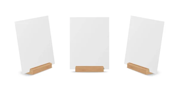 矢量3D现实白色空白A4垂直纸片 卡片上的木制托架 立柱设定闭锁隔离 设计壁炉架模板 菜单框架 小册子 丙烯酸帐篷卡 侧视图 — 图库矢量图片