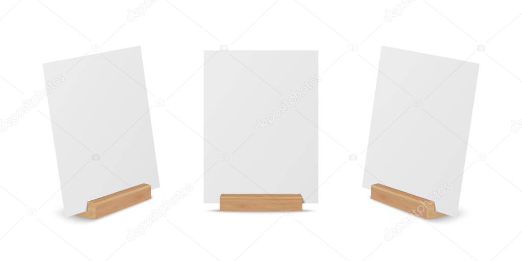 Vector 3d Realistic White Blank A4 Vertical Paper Sheet, Card on Wooden Holder, Stand Icon Set Closeup Isolated. Design Template for Mockup, Menu Frame, Booklets. Acrylic Tent Card. Front, Side View.