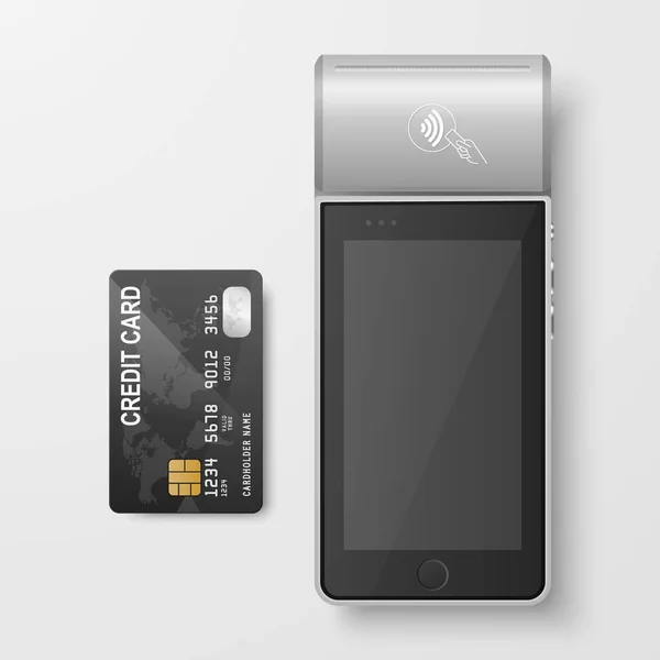 Vector Gray Nfc Zahlungsmaschine Und Kreditkarte Isoliert Wlan Drahtlose Bezahlung — Stockvektor