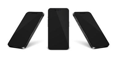 Vektör 3d Gerçekçi Siyah Modern Akıllı Telefon Tasarım Şablonu Kapanış Şablonu Beyaz Arkaplanda izole edildi. Cep telefonu Mockup. Telefon Aygıtı UI UX, Telefon Önde, Yarım Dönüş Görünümü.