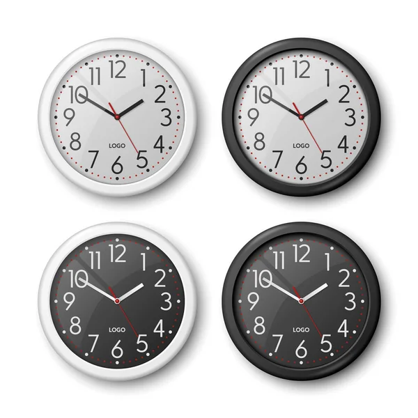 Ensemble Icône Horloge Bureau Mur Rond Blanc Réaliste Vectoriel Noir — Image vectorielle