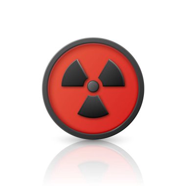 Vektör 3d Gerçekçi Yuvarlak Kırmızı ve Siyah Uyarı, Tehlike Nükleer Sembolü Beyaz Arkaplanda İzole Edildi. Radyoaktif uyarı işareti, rozet, düğme. Tasarım Şablonu. Ön Görünüm.