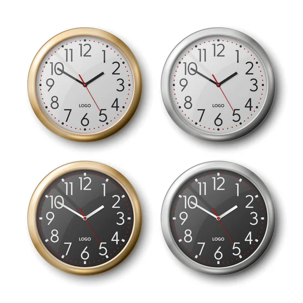 Vector Realistic Golden Silver Chrome Steel Wall Office Clock Set — 스톡 벡터
