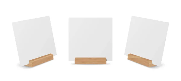 矢量写实主义白色空白方块纸片 卡片上的木制托架 立定闭塞白色背景 设计壁炉架模板 菜单框架 小册子 丙烯酸帐篷卡 — 图库矢量图片