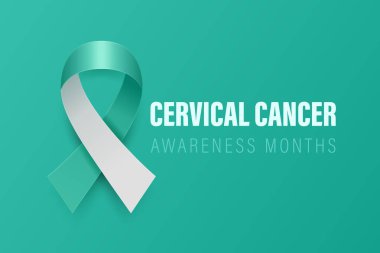Servikal Kanser Banner, Card, Vektör 3 boyutlu Gerçekçi Teal ve Beyaz Kurdeleli Plaket Teal Arkaplanda. Servikal Kanser Bilinci Ay Sembol Kapanışı. Dünya Servikal Kanser Günü Konsepti.