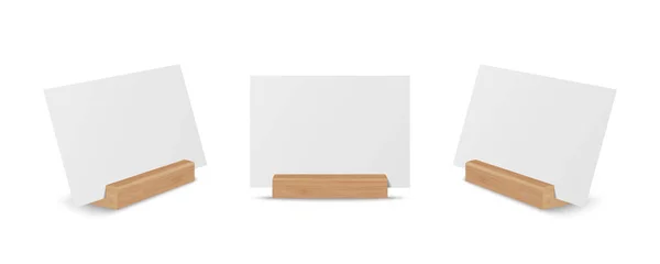 矢量3D现实白色空白纸张 卡片上的木制托架 立柱设定闭锁隔离 设计壁炉架模板 菜单框架 小册子 丙烯酸帐篷卡 侧视图 — 图库矢量图片