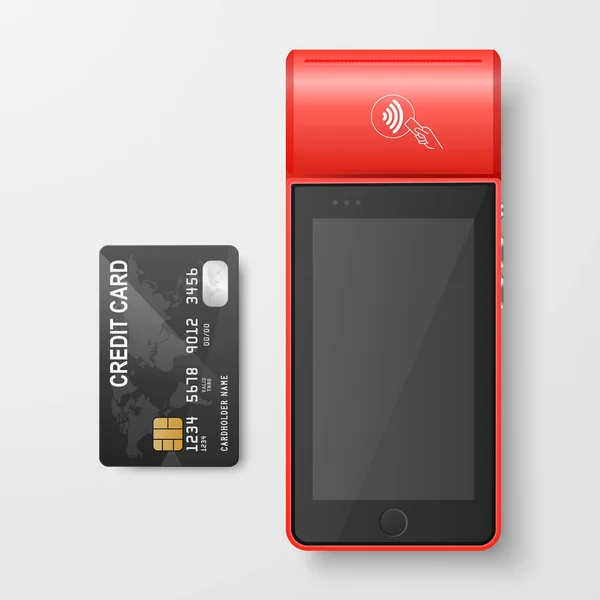Vector Red Nfc Zahlungsmaschine Und Kreditkarte Isoliert Wlan Drahtlose Bezahlung — Stockvektor