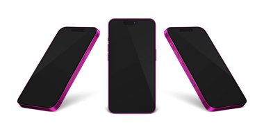 Vektör 3d Gerçekçi Pembe Akıllı Telefon Tasarım Şablonu Kapanış Şablonu Beyaz Arkaplan 'da izole edildi. Cep telefonu Mockup. Telefon Aygıtı UI UX, Telefon Önde, Yarım Dönüş Görünümü.