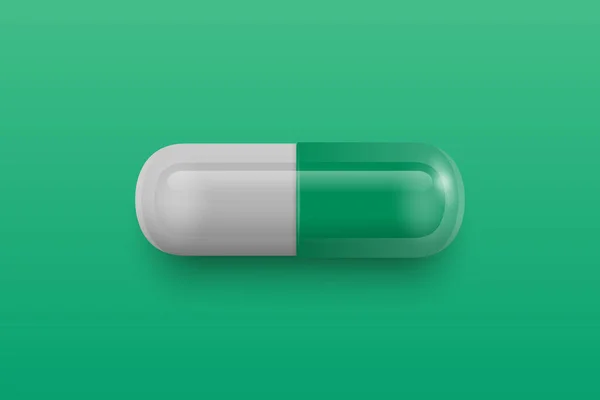 病媒3D现实绿色和白色药丸 绿色背景片 前视图 复制空间 男性健康概念 — 图库矢量图片