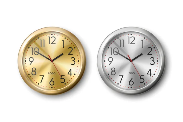 Vector Realista Oro Cromo Plateado Conjunto Reloj Oficina Pared Redonda — Vector de stock