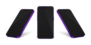 Vektör 3d Mor Gerçekçi Modern Akıllı Telefon Tasarım Şablon Kapanış Şablonu Beyaz Arkaplan 'da izole edildi. Cep telefonu Mockup. Telefon Aygıtı UI UX, Telefon Önde, Yarım Dönüş Görünümü.