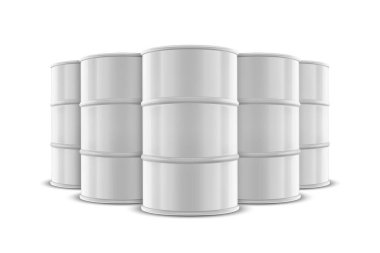 Vektör 3d Gerçekçi Beş Beyaz Fıçı, Tehlike Sıvısı. Dikkat Fıçısı, Radyoaktif, Tehlikeli Kimyasal Maddeler, Zehirli Kirlilik, Çok Tehlikeli Fıçılar, Yığın, Kapatma İzole Edildi.