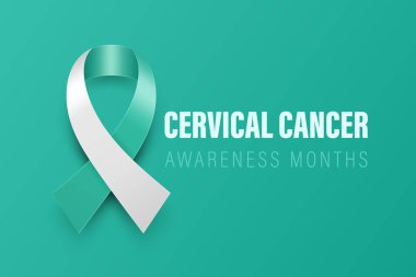 Servikal Kanser Banner, Card, Vektör 3 boyutlu Gerçekçi Teal ve Beyaz Kurdeleli Plaket Teal Arkaplanda. Servikal Kanser Bilinci Ay Sembol Kapanışı. Dünya Servikal Kanser Günü Konsepti.