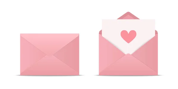 Vector Realistic Geschlossener Geöffneter Rosafarbener Umschlag Mit Herz Icon Set — Stockvektor