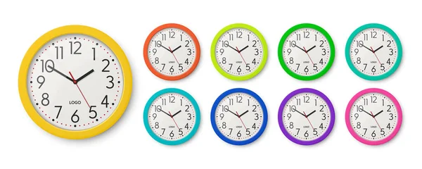 Vector Realistas Diferentes Colores Redondo Pared Reloj Oficina Conjunto Plantilla — Archivo Imágenes Vectoriales