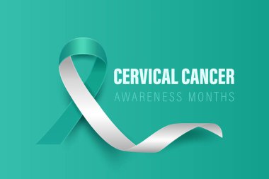 Servikal Kanser Banner, Card, Vektör 3 boyutlu Gerçekçi Teal ve Beyaz Kurdeleli Plaket Teal Arkaplanda. Servikal Kanser Bilinci Ay Sembol Kapanışı. Dünya Servikal Kanser Günü Konsepti.