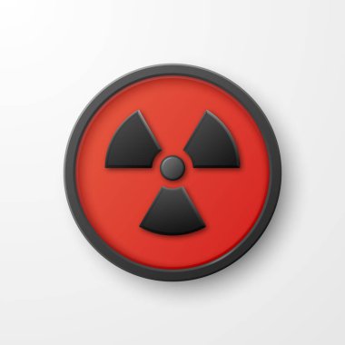 Vektör 3d Gerçekçi Yuvarlak Kırmızı ve Siyah Uyarı, Tehlike Nükleer Sembolü Beyaz Arkaplanda İzole Edildi. Radyoaktif uyarı işareti, rozet, düğme. Tasarım Şablonu. Ön, Üst Görünüm.