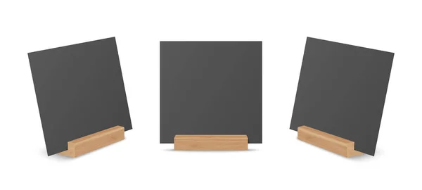 矢量3D现实的黑色方块空白纸张 卡片上的木制托架 立柱设定闭锁隔离 设计壁炉架模板 菜单框架 小册子 丙烯酸帐篷卡 侧视图 — 图库矢量图片
