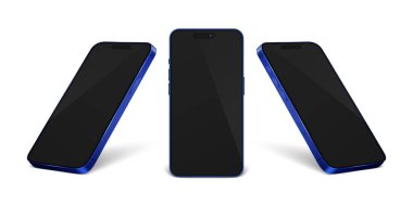Vektör 3d Gerçekçi Mavi Modern Akıllı Telefon Tasarım Şablonu Kapanış Şablonu Beyaz Arkaplanda izole edildi. Cep telefonu Mockup. Telefon Aygıtı UI UX, Telefon Önde, Yarım Dönüş Görünümü.