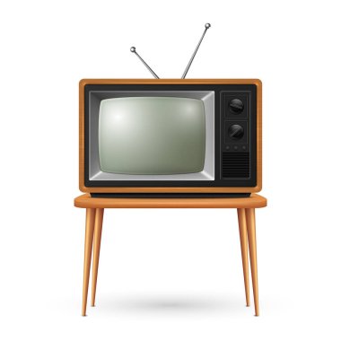 Vector 3d Gerçekçi Kahverengi Tahta Retro TV Alıcısı Tahta Masa Masası Beyaz Arkaplan 'da izole edildi. Ev Tasarımı Konsepti. Klasik TV Seti, Televizyon, Ön Görünüm.