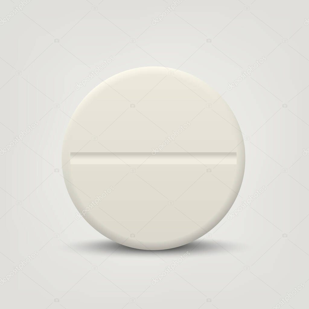 Vector 3d Realistic White Round Pharmaceutical Medical Pill, Capsule, Tablet Isolated on White Background. Pill in Front View. Simple Standart Pill, Medical Concept.