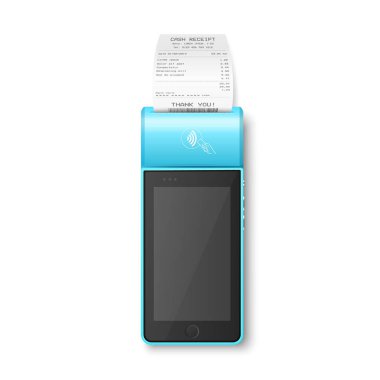 Vektör 3d Kırmızı NFC Ödeme Makinesi ve Kredi Kartı izole edildi. Wi-fi, kablosuz ödeme. POS Terminal, Banka Ödeme Şablonu Bağlantısız Terminal, Model. Üst Görünüm.