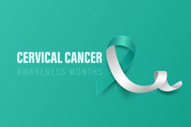Servikal Kanser Banner, Card, Vektör 3 boyutlu Gerçekçi Teal ve Beyaz Kurdeleli Plaket Teal Arkaplanda. Servikal Kanser Bilinci Ay Sembol Kapanışı. Dünya Servikal Kanser Günü Konsepti.