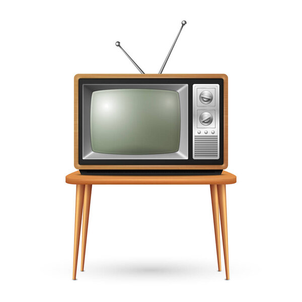 Vector 3d Realistic Brown Wooden Retro TV Receiver on Wooden Table Isolated on White Background. Home Interior Design Concept. Vintage TV Set, Television, Front View.