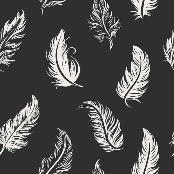 Vector Seamless Pattern Different White Fluffy Feather Silhouettes Black Background — Stock Vector