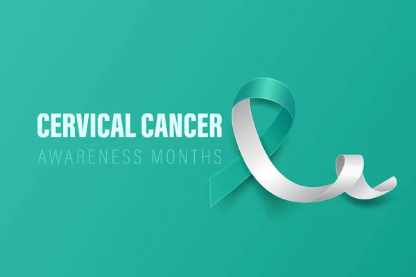 Stock vector Cervical Cancer Banner, Card, Placard with Vector 3d Realistic Teal and White Ribbon on Teal Background. Cervical Cancer Awareness Month Symbol Closeup. World Cervical Cancer Day Concept.