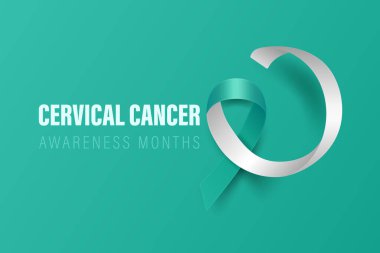Servikal Kanser Banner, Card, Vektör 3 boyutlu Gerçekçi Teal ve Beyaz Kurdeleli Plaket Teal Arkaplanda. Servikal Kanser Bilinci Ay Sembol Kapanışı. Dünya Servikal Kanser Günü Konsepti.