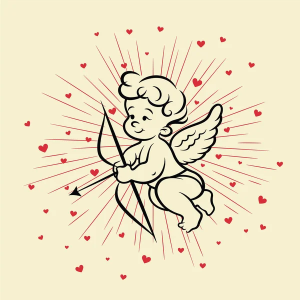 フライングベクトルキューピッドボーイホールディングボウ シューティングアロー レトロでアウトラインで描かれた手 ヴィンテージコミックスタイル 翼を持つ愛 アモール エロス 神話のキャラクターの神 — ストックベクタ