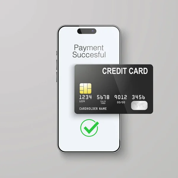 Vector Realistyczny Smartfon Karta Kredytowa Udane Płatności Koncepcja Płatności Zakupy — Wektor stockowy