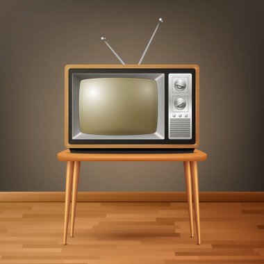 Tahta Masa 'da Vektör 3d Gerçekçi Kahverengi Tahta Retro TV Alıcısı. Ev Tasarımı Konsepti. Klasik TV Seti, Televizyon, Ön Görünüm.