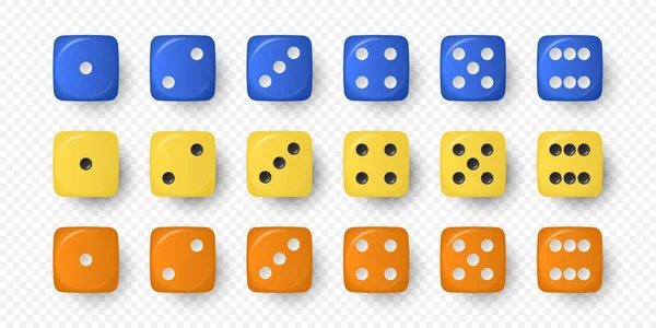 Διάνυσμα Ρεαλιστικό Μπλε Κίτρινο Και Πορτοκαλί Παιχνίδι Ζάρια Εικονίδιο Ρύθμιση — Διανυσματικό Αρχείο