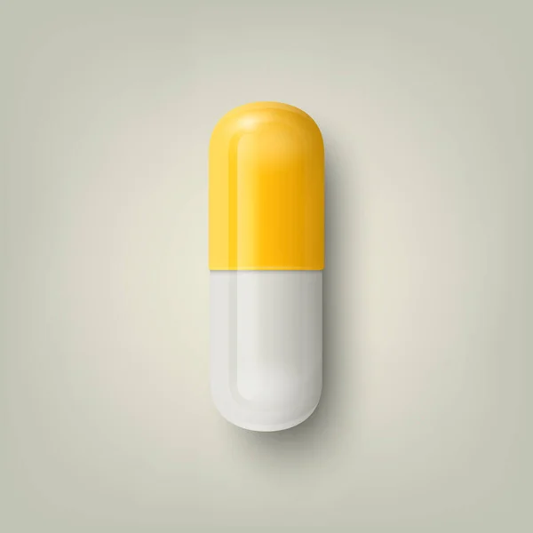 Píldora Médica Farmacéutica Blanca Amarilla Realista Del Vector Cápsula Tableta — Vector de stock