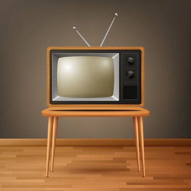 Tahta Masa 'da Vektör 3d Gerçekçi Kahverengi Tahta Retro TV Alıcısı. Ev Tasarımı Konsepti. Klasik TV Seti, Televizyon, Ön Görünüm.