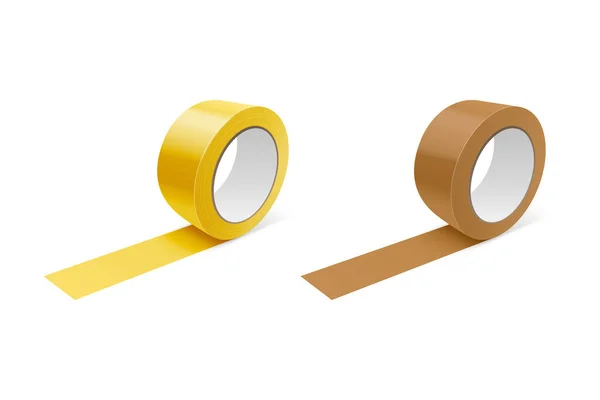 ベクトル3Dリアルな光沢のある黄色と茶色のテープロールアイコンセット 白の背景に隔離されたモックアップの閉鎖 パッケージのデザインテンプレート粘着テープロールまたはモックアップ用粘着テープ フロントビュー — ストックベクタ