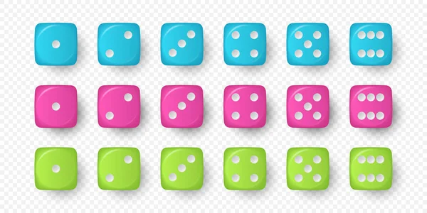ベクトル3Dリアルな青 ピンク 緑のゲームダイスアイコンは 白の背景に隔離された閉鎖を設定します ギャンブル カジノのダイスのためのゲームキューブ1から6ドット ラウンドエッジ — ストックベクタ
