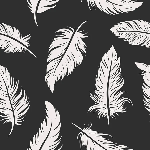 具有不同白色蓬松羽毛轮廓的矢量无缝图案 背景为黑色 设计火烈鸟 壁纸鸟类羽毛 纺织品模板 自由的概念 — 图库矢量图片