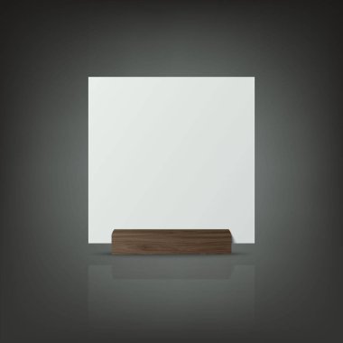 Vektör 3d Gerçekçi Beyaz Meydan Boş Kağıt Çarşaf, Tahta Tutucu Kartı, Durak Simgesi Kapanışı. Mokup, Menü Çerçevesi, Broşür Tasarım Şablonu. Akrilik Çadır Kartı. Ön, Yan Görünüm.