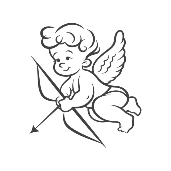 Flying Vector Cupid Boy Holding Bow Aiming Shooting Arrow Drawn — стоковый вектор